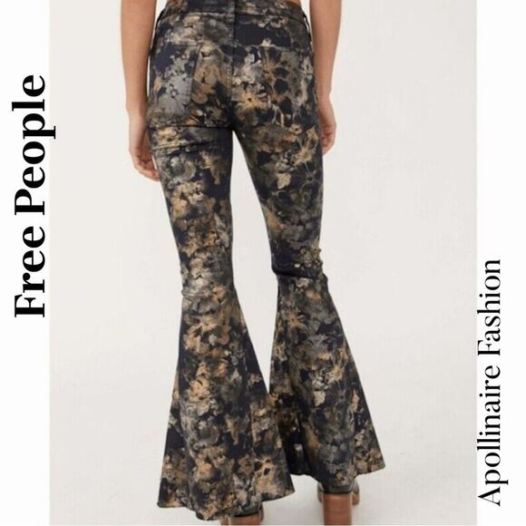 Free People Inferno Flare Jeans Black Gold Floral Motif Size 29 - Picture 4 of 9